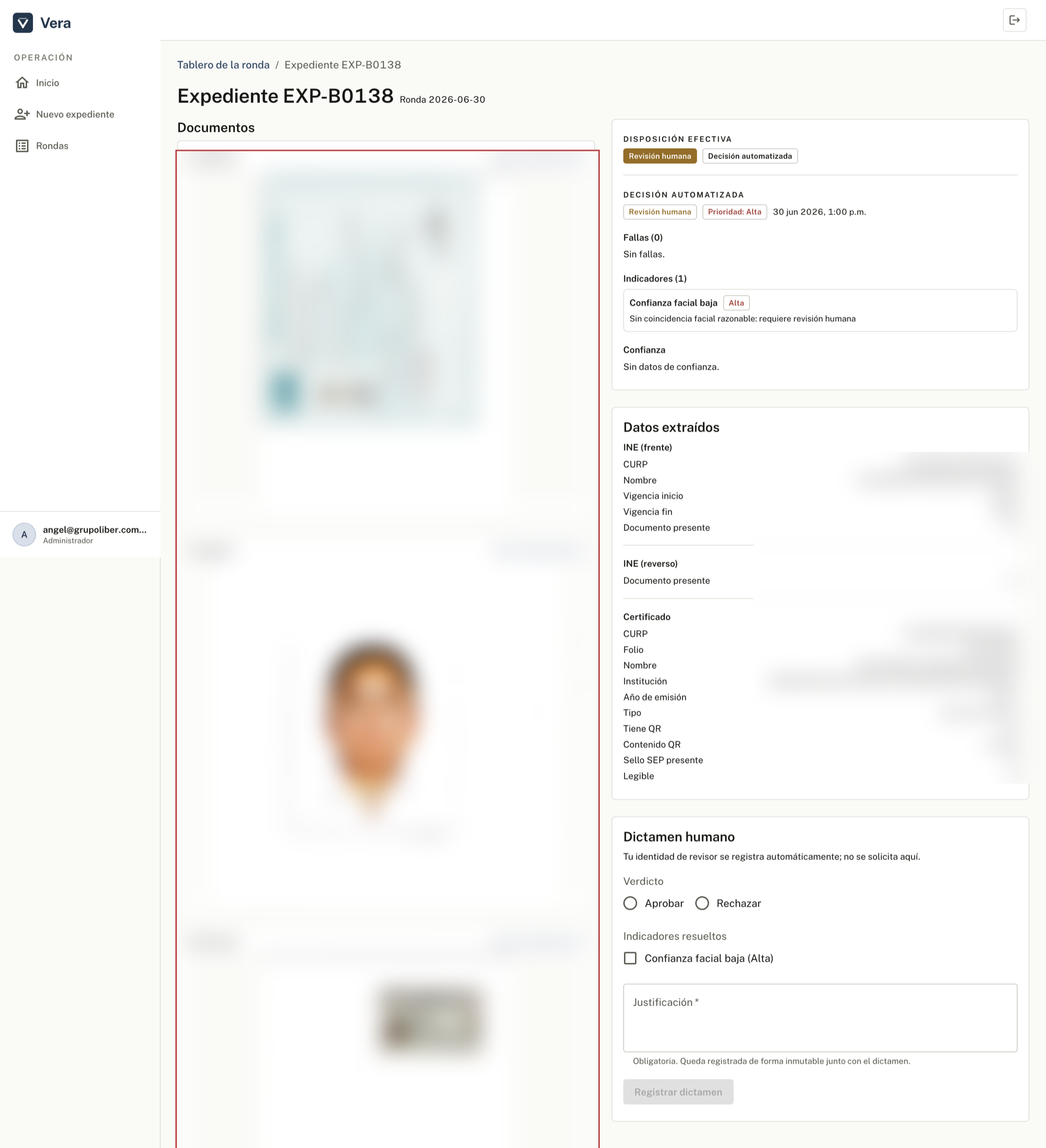 Detalle de un expediente en la plataforma de Vera: documentos, datos extraídos y flujo de dictamen del auditor
